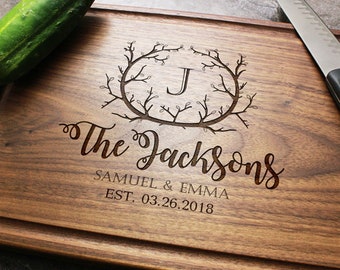 Personalized, Engraved Cutting Board with Rustic Monogram and Branch Design for Wedding or Anniversary Gift #1