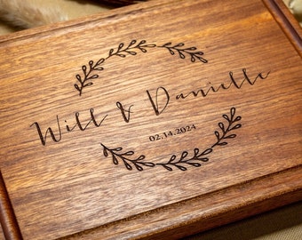 Personalized, Engraved Cutting Board with Wreath and Name Design for Wedding or Engagement Gift #46