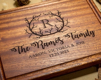 Personalized, Engraved Cutting Board with Rustic Monogram and Branch Design for Wedding or Anniversary Gift #1