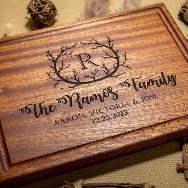 Personalized, Engraved Cutting Board with Rustic Monogram and Branch Design for Wedding or Anniversary Gift #1+ Bonus Free Oil Pack