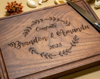 Personalized, Engraved Cutting Board with Laurel Wreath with Name Design for Wedding or Closing Gift #17
