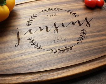 Personalized, Engraved Cutting Board with Wreath and Family Name Design for Wedding or Anniversary Gift #69