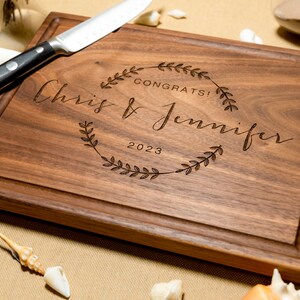 Personalized, Engraved Cutting Board with Wreath and Family Name Design for Wedding or Anniversary Gift 69 image 3