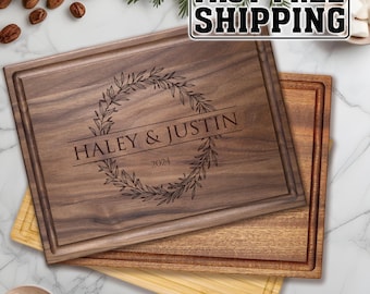 Personalized Engraved Cutting Board Rustic Wreath & Names Gift for Wedding, Anniversary, Engagement, Housewarming #5+Bonus Free Oil Pack
