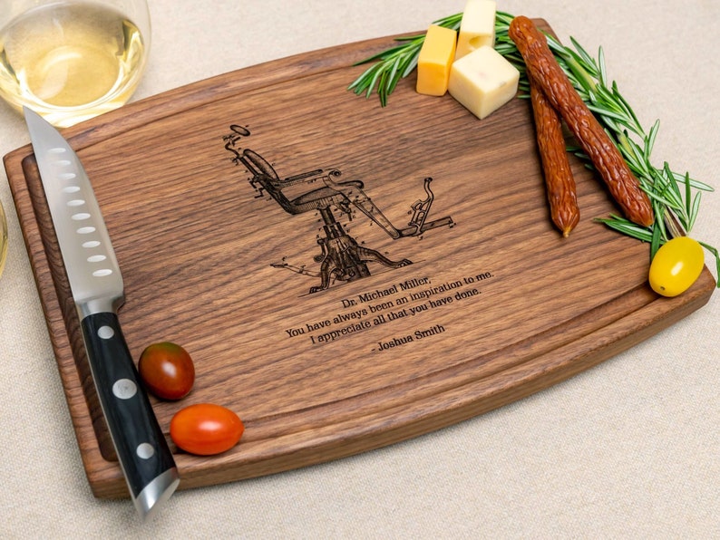 Personalized, Engraved Cutting Board with Dentist Chair Design for Dentist or Retirement 98 image 1