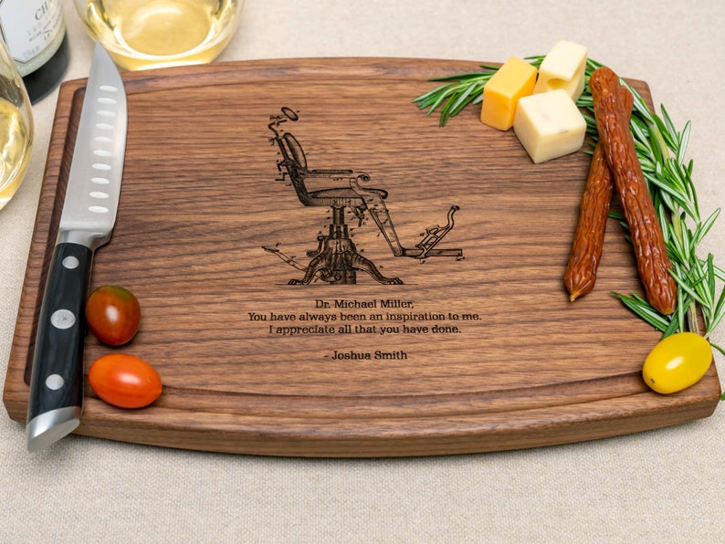 Personalized, Engraved Cutting Board with Dentist Chair Design for Dentist or Retirement 98 image 2