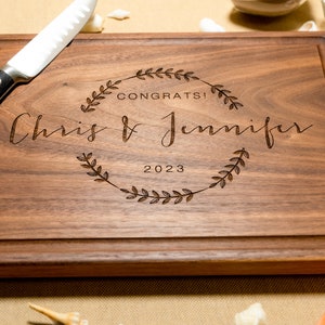 Personalized, Engraved Cutting Board with Wreath and Family Name Design for Wedding or Anniversary Gift 69 image 2