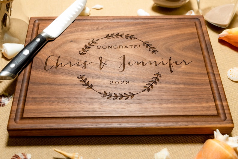 Personalized, Engraved Cutting Board with Wreath and Family Name Design for Wedding or Anniversary Gift 69 image 2