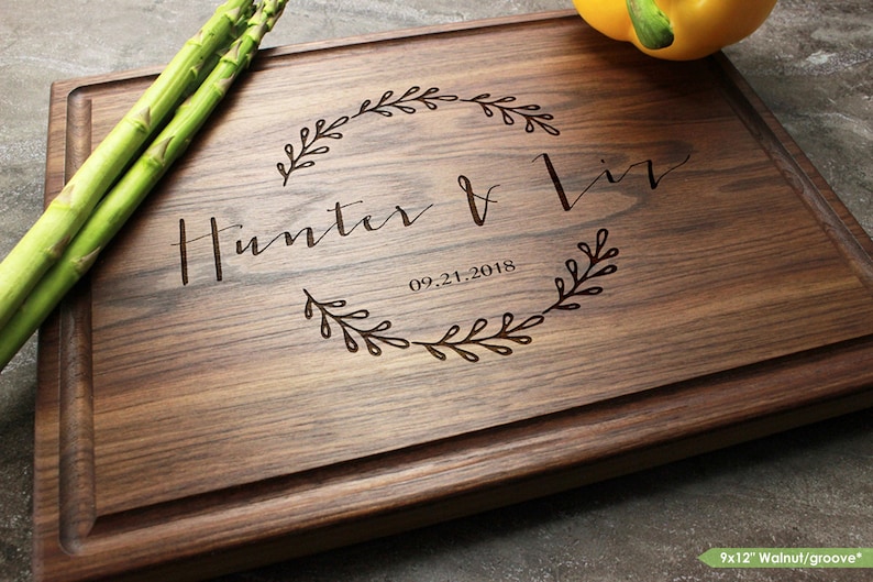 Personalized, Engraved Cutting Board with Wreath and Name Design for Wedding or Engagement Gift #46 