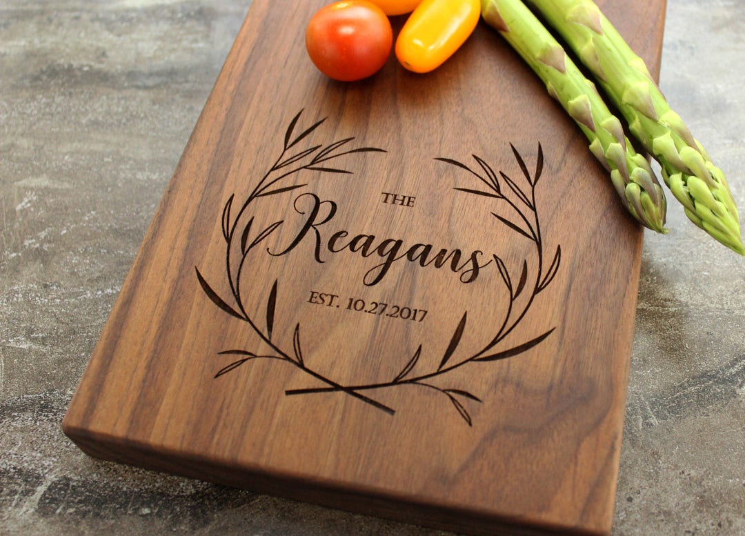 Personalized, Engraved Cheese Board With Name and Laurel Design for