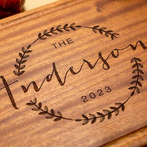 Personalized, Engraved Cutting Board with Wreath and Family Name Design for Wedding or Anniversary Gift 69 image 10