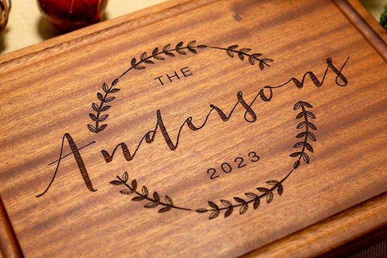 Personalized, Engraved Cutting Board with Wreath and Family Name Design for Wedding or Anniversary Gift 69 image 10