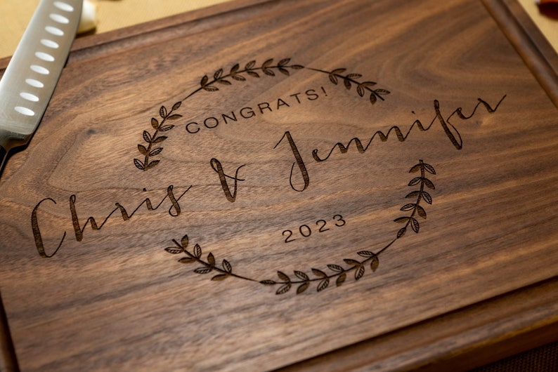 Personalized, Engraved Cutting Board with Wreath and Family Name Design for Wedding or Anniversary Gift 69 image 8