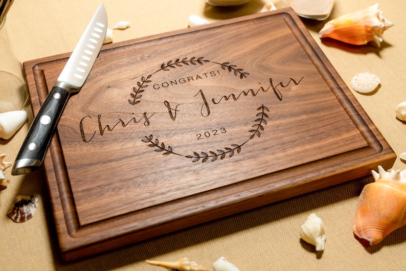 Personalized, Engraved Cutting Board with Wreath and Family Name Design for Wedding or Anniversary Gift 69 image 1