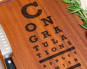 Personalized, Engraved Cutting Board with Eye Chart Design for Optometrist or Graduation #103