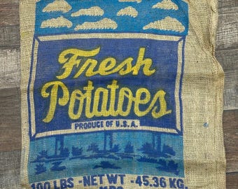 Vintage Burlap Potato Sack, Fresh Potatoes 100 lb Bag