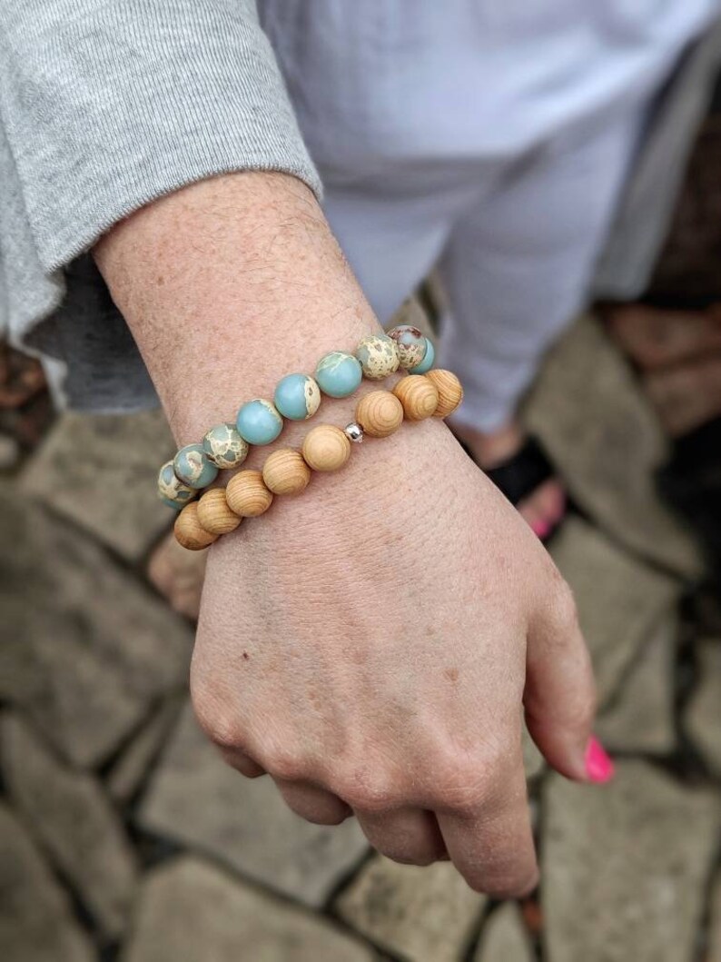 10mm Aqua terra Jasper and Cedar wood stacked bracelet set calming bracelet healing bracelet wood bracelet mala beads meditation beads