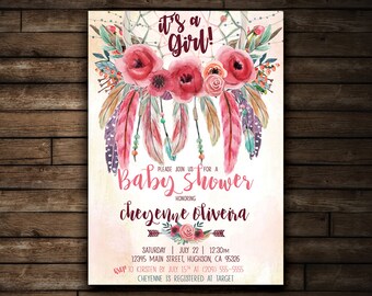 May include: A pink and white baby shower invitation with a watercolour illustration of a dreamcatcher with feathers and flowers. The text reads "It's a Girl!" and "Baby Shower Honoring Cheyenne Oliveira".