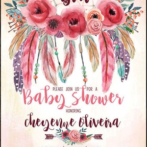 May include: A pink and white baby shower invitation with a floral dreamcatcher design. The text reads "It's a Girl!" and "Baby Shower Honoring Cheyenne Oliveira".