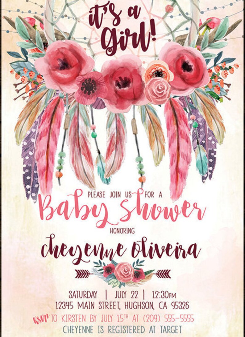 May include: A pink and white baby shower invitation with a floral dreamcatcher design. The text reads "It's a Girl!" and "Baby Shower Honoring Cheyenne Oliveira".