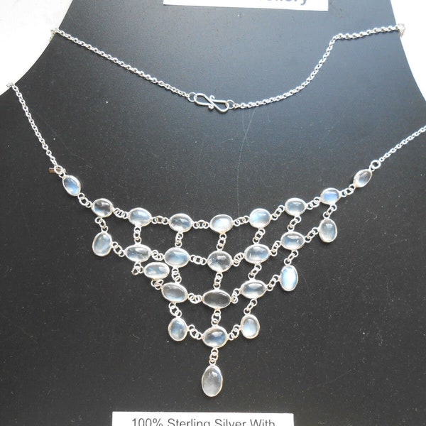 Genuine Sterling Silver Sri Lankan Blue Moonstone Gems Net Necklace (N1/13)
