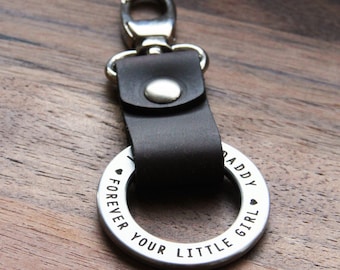 Personalized Leather Keychain, Engraved Stainless Steel Ring, Gift for Dad