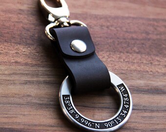 Personalized Leather Keychain, Engraved Stainless Steel Ring, Gift for Dad
