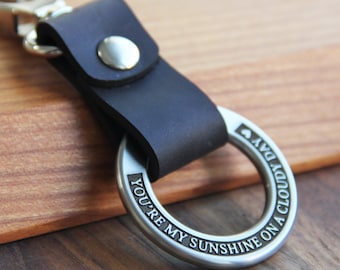 Personalized Leather Keychain, Engraved Stainless Steel Ring, Anniversary Gift