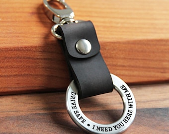Personalized Leather Keychain, Engraved Stainless Steel Ring, Gift for Dad