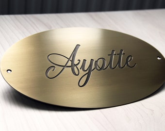 Personalized Brass Name Plaque, Custom Oval Metal House Sign for Door, Wall or Garden