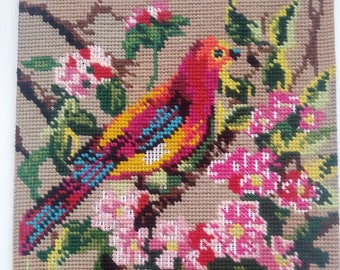Vintage parrot and flowering tree wall picture half cross stitch needlepoint, colourful bird handcrafted wall decoration