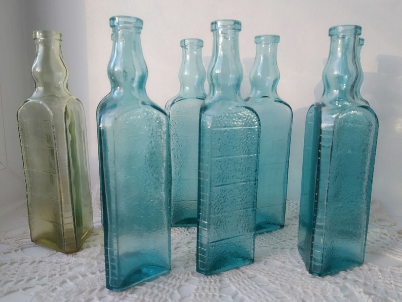 ONE Antique Vinegar Bottle Around 1900, Unique Threesided Green Glass