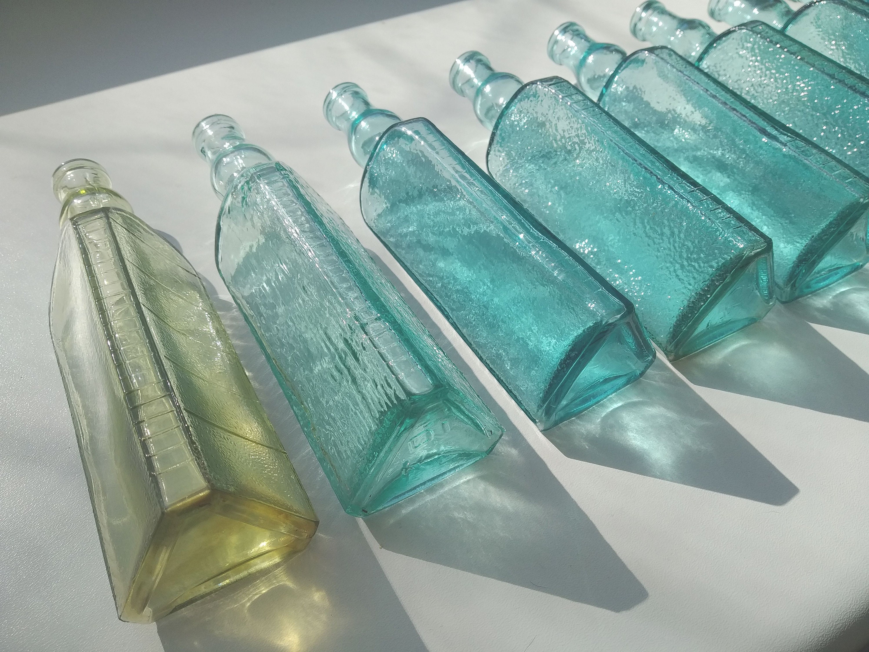 ONE Antique Vinegar Bottle Around 1900, Unique Threesided Green Glass