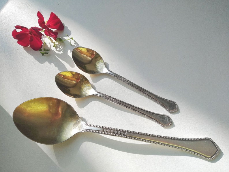 May include: Three silver spoons with ornate handles and oval bowls are arranged on a white surface. A sprig of red flowers adds a touch of color. The spoons are reflecting light, creating highlights and shadows.