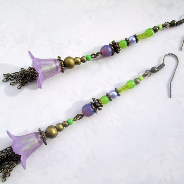Violet flower and tassel earrings with lime green light purple, extra long romantic feminine floral earrings, long bellflower chain earrings
