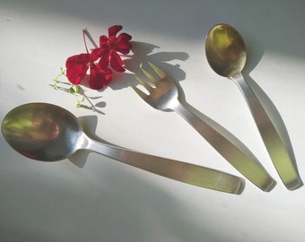 Vintage serving utensils made by Tallinn Jewel Factory, Estonia, German silver 1970s flatware, large serving spoon, small fork and spoon