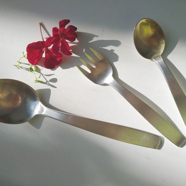 Vintage serving utensils made by Tallinn Jewel Factory, Estonia, German silver 1970s flatware, large serving spoon, small fork and spoon