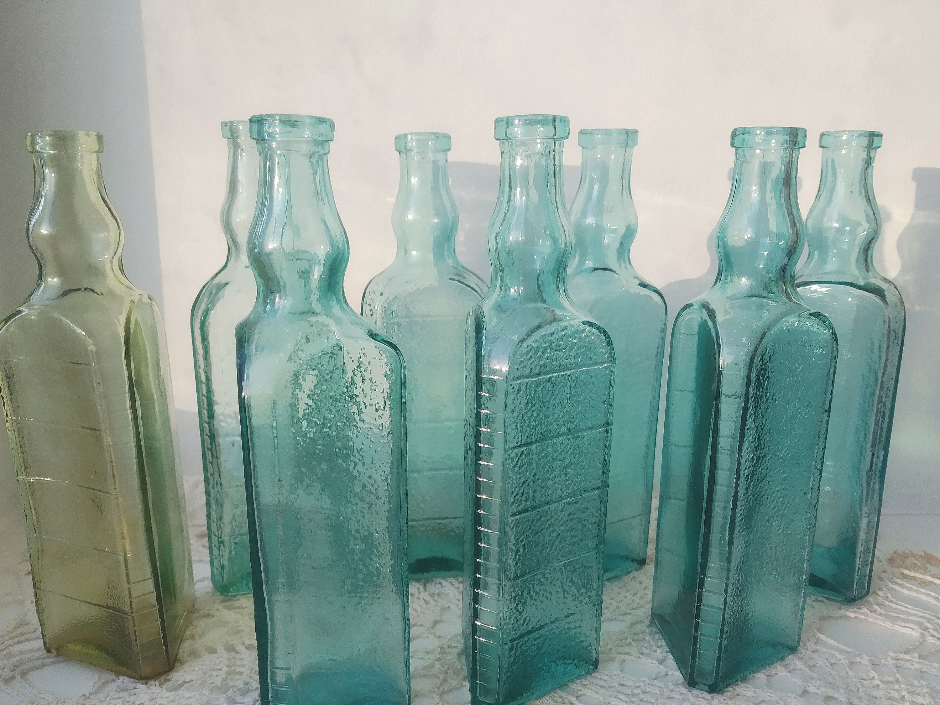 ONE Antique Vinegar Bottle Around 1900, Unique Threesided Green Glass