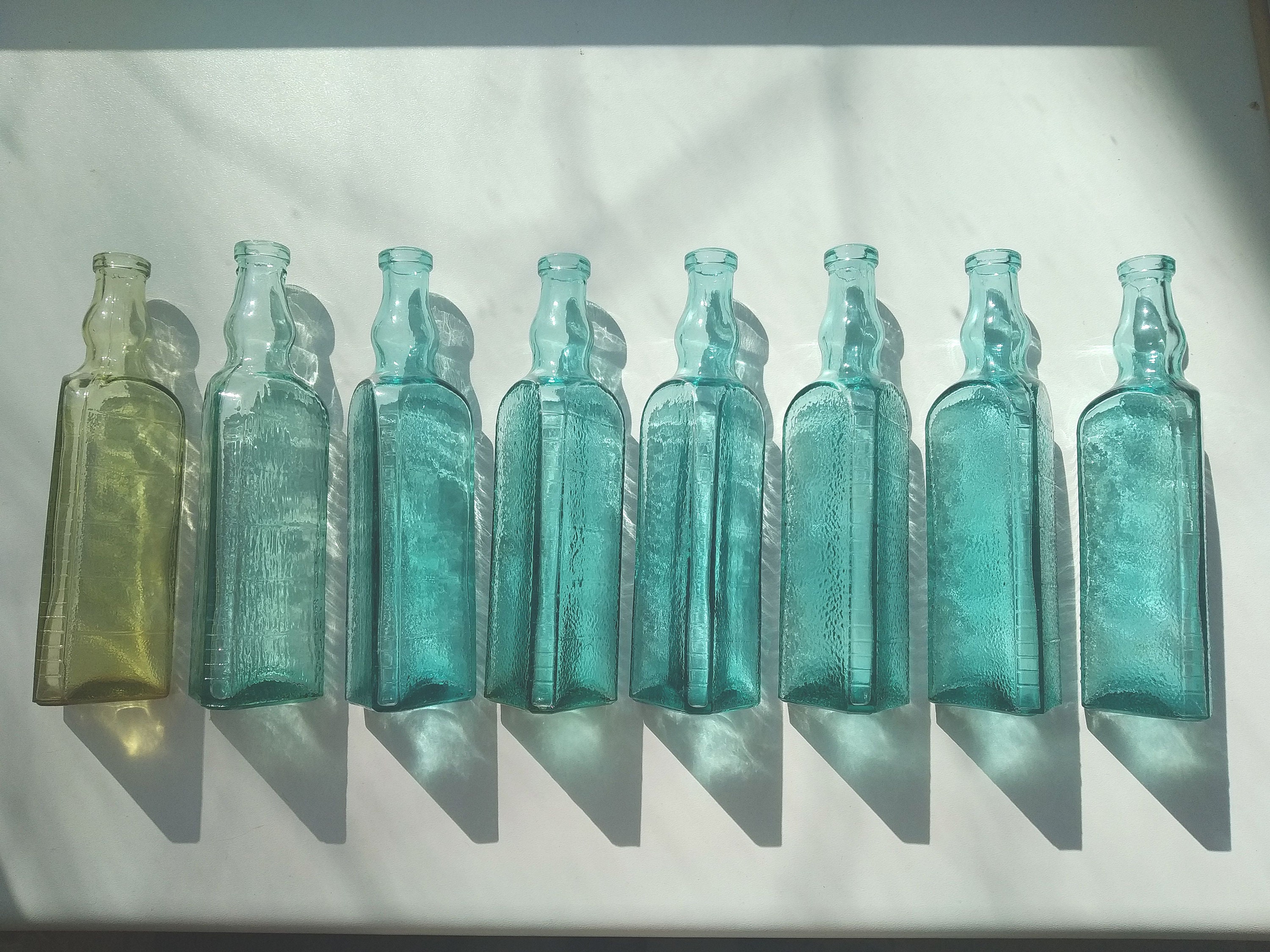 ONE Antique Vinegar Bottle Around 1900, Unique Threesided Green Glass