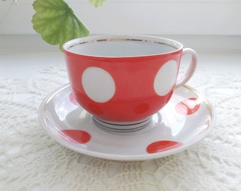 Vintage Polka Dot Tea Cup and Saucer Set, 1970s Ukrainian Porcelain