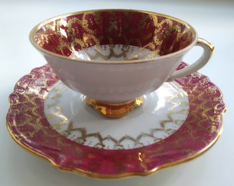 Vintage Bavaria Porcelain Cup and Saucer, German Mocca Espresso Set, Pink Red Golden Decor