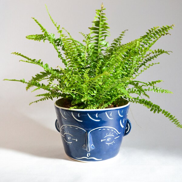 Portrait Planter- Small Planter- Hand thrown blue and white planter- Marewares