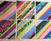 Set of 6 Scrappy String Quilt Blocks, 8 Inches, Finished Quilt Blocks, Light Green Center Strip