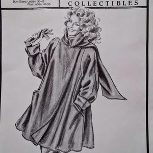 May include: A black and white sewing pattern illustration for a New Swing Coat, labeled 1025 by Ann Person Collectibles. The drawing depicts a person wearing a loose-fitting coat with a high collar, long sleeves, and a scarf, with bust sizes 30-56.