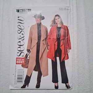 May include: A See & Sew B6370 sewing pattern envelope featuring two coat variations. One is a long tan coat and the other is a shorter red coat, both with wide lapels and open fronts. The text includes the brand name, pattern number, and size range.