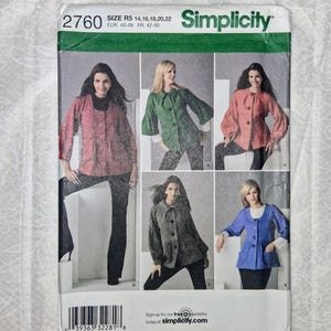 May include: A Simplicity sewing pattern envelope 2760 for sizes R5 14, 16, 18, 20, 22. The front displays five variations of a button-front jacket with long sleeves, shown in red, green, peach, grey, and blue, worn over various pants and skirts.