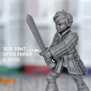 May include: A grey, unpainted miniature figurine of a person holding a sword. The figurine is standing on a plain round base. The text "REAL PRINT AFTER PRIMER & WASH" is visible in the image. All models come unpainted and with a plain round base. High quality, custom resin mix. Aim to dispatch within 48-72 hours.