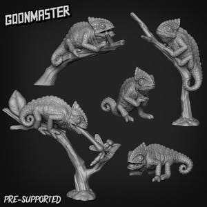 May include: Five 3D printed chameleon figurines posed on branches. The chameleons are in various poses, including one with its tongue extended to catch a dragonfly. The figurines are pre-supported and ready to be printed.