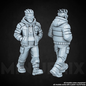 May include: A grey miniature figure of a person in a futuristic outfit, including a jacket, hoodie, trousers, and boots. The figure is shown from the front and back, with hands in pockets. The figure has goggles and a unique hairstyle. The base is plain.