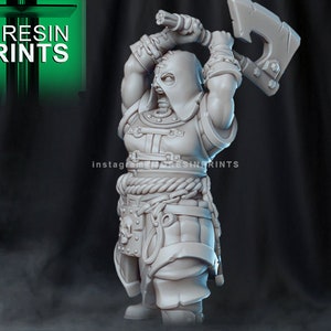 May include: A 3D printed miniature of a hooded figure wielding a large axe. The figure is wearing armour and a rope belt. The miniature is painted in a light grey colour.